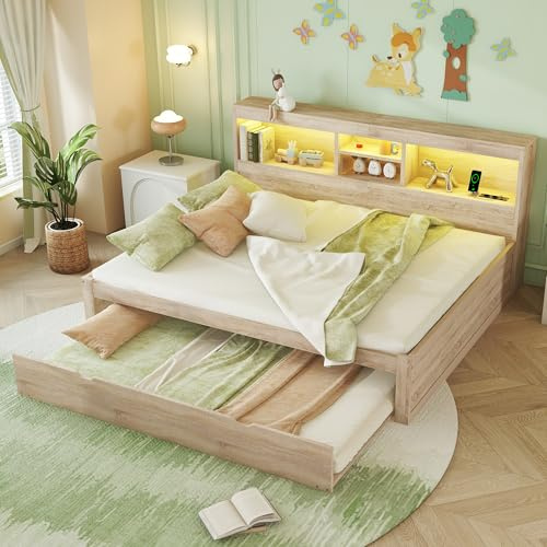 Merax Schlafsofa Tagesbett 140x200 mit Ausziehbett, Kinderbett Funktionsbett mit Staufach, Steckdose+USB, LED-Bettrahmen mit Lattenrost (ohne Matratze), für Wohnzimmer/Schlafzimmer/Gästezimmer, Natur