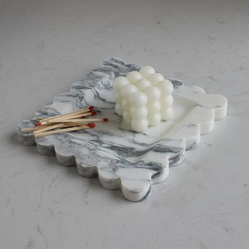 Natural Marble Tray with Scalloped Edge, Luxury Handmade Square DecorativeTray, Catch AllTray for Counter, Dresser, Nightstand and Home Décor (Arabescato Calacatta)