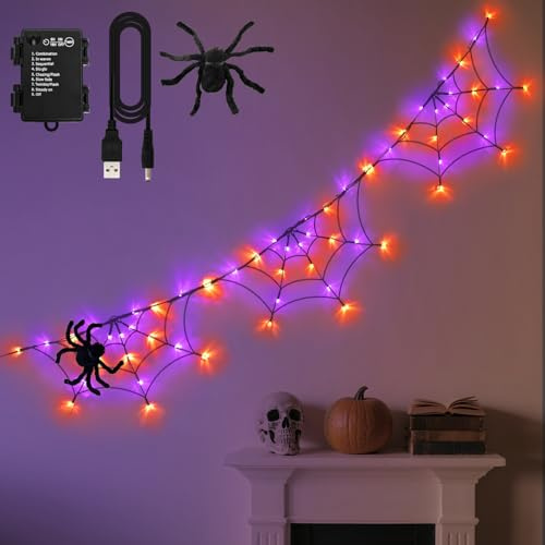 FFZZKJ Halloween Decorations Spider Web Lights 6FT 60LED Battery Operated/USB Powered with Black Spider with Timer 8 Modes Indoor Outdoor for Halloween Decor, Orange&Purple