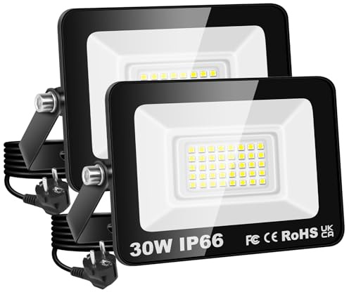AUXTINGS Faretto LED da Esterno 30W con Spina, 3000LM Faro Led Esterno 6000K Bianca Freddo, IP66 Impermeabile Faretti LED Proiettore Esterni per Giardino Garage Cortile Piazza Terrazza Patio,2 Pezzi