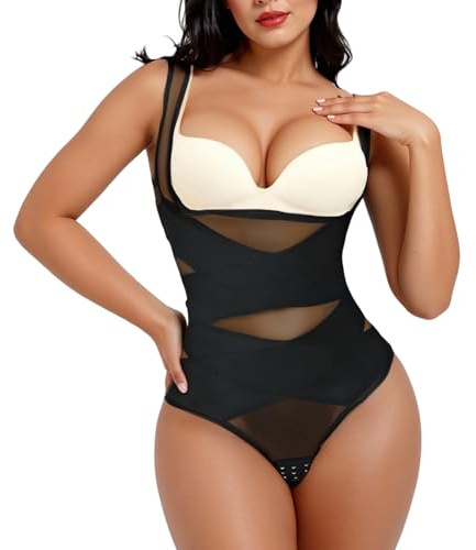 Fiohiros Shapewear Bodysuit for Women Open Bust, Breathable Shapewear Tummy Control Bodysuit, Mesh Shaping Bodysuit with Waist Trainer (Black, L)