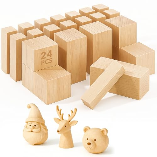 Basswood Carving Blocks 24Pcs - Unfinished Wood for DIY Whittling & Crafts | Soft Wood Blanks in Three Sizes for Sculpture Model Making Painting and Sanding Ideal for Beginners Hobbyists and Artists