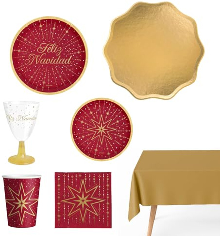 OH YEAH - Kit Vajilla Navidad 12 Personas Feliz Navidad - 82 Piezas - Platos, Vasos, y Servilletas Desechables - Temática Navideña - Cenas Navideñas, Reuniones Familiares y Fiestas de Fin de Año