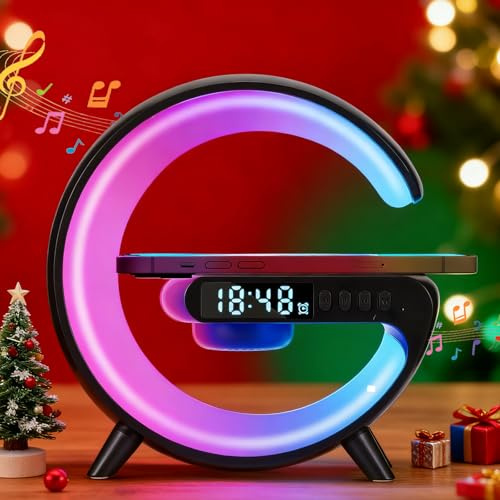 Alarm Clock With Wireless Charging With10 Lighting ,Gifts For Boys Girls | G Shaped Lamp Phone Charger Bluetooth Speaker with 15w Wireless Fast Charging, Dimmable Bedside Lamps and Alarm Clock