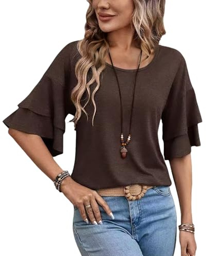 Womens Crew Neck Double Ruffle Short T-Shirt Spring Summer Fall Tops