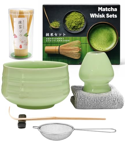 7Pcs Matcha Set,Matcha Tea for Making Breakfast/Latte,Whisk Set and Bowl with All Accessories,Gift for Lover，Light Green Bowl, Bamboo Stirrer