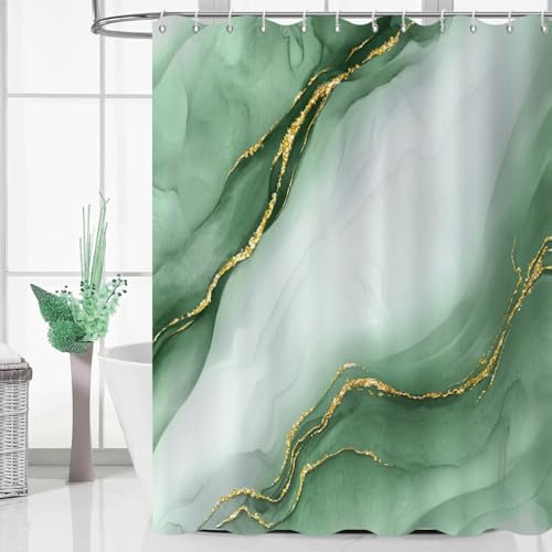 GCIREC Duschvorhang, 180x200cm, Salbeigrün Farbverlauf mit Goldener Marmor Moderne Kunst Wasserdichter Stoff Maschinenwaschbarer Badezimmervorhang mit Haken