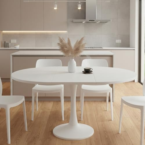 Aislinglen Runt matbord, utdragbart, 100/140 x 100 x 75 cm, elliptiskt matbord, träbord för 2–8 personer, soffbord för middag, vardagsrum, matsal (helt vit)