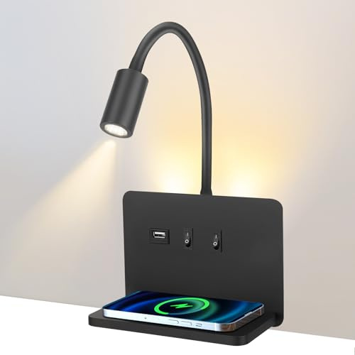 Eirolace Leselampe Wandmontage mit USB 3 IN 1, 3W+10W Leselampe Bett mit Schalter und Wireless Charger, LED Wandleuchte Bett Leselicht 360° Schwenkbar Schwanenhals Lampe mit für Schlafzimmer