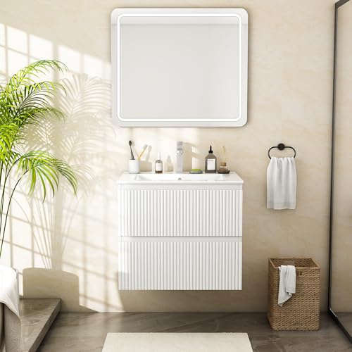 Wumagin Waschtisch mit Unterschrank 60 cm, Hängender Waschbeckenunterschrank Badmöbel Set, Keramik Waschbecken, Badunterschrank mit 2 Schubladen, Moderne Rillenfront für Gäste-WC & Badezimmer, Weiß