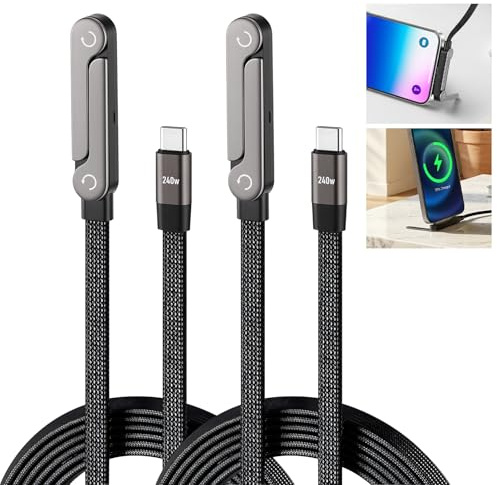 HISUEKIG Cavo di Ricarica USB C, 240W Ricarica Rapida con Laterale Supporto | Pieghevole, 2 in 1 Invisibile Caricatore Telefono con 1.5m cavo intrecciato per Smartphone Tablet Giochi e Ufficio