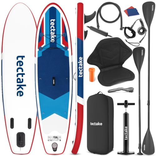 tectake® 2in1 SUP Board 288 cm, aufblasbar, Drop-Stitch, Kajak, 200 kg | Rutschfeste EVA-Trittfläche, 3-Finnensystem, verstellbares Aluminiumpaddel, Kajaksitz mit Fußstütze, rot/blau