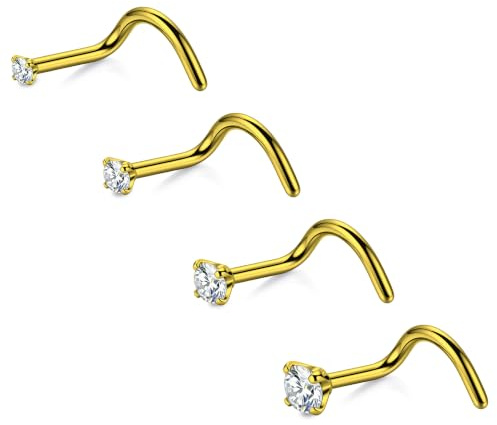 CIZME Titan F136 Nasenpiercing Set 20G 0.8mm L-Form Schraube Piercing Nase | 4er Set Nostril Piercing Stecker mit Zirkon 1,5-3mm Größen Mix Hautfreundlicher Nasenschmuck für Damen & Herren Silber Gold