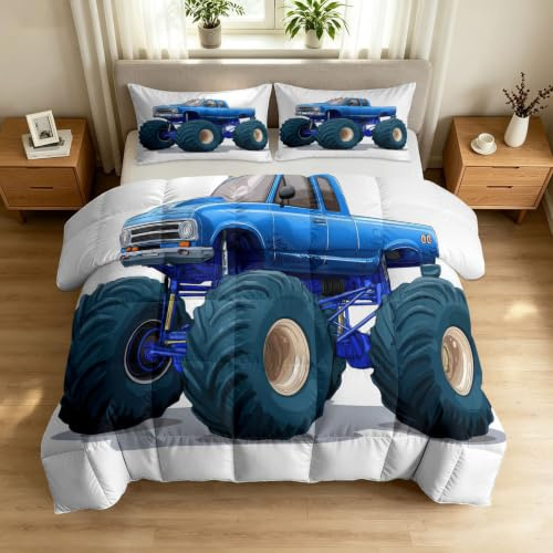 Täckfritt täcke dubbel 7,5 Tog – sommartäcke med 2 örngott, 200 x 200 cm täcke med tecknad serie, lätt och mysig 220 GSM fyllning, sport off-road lastbil – filtöverkast för säng