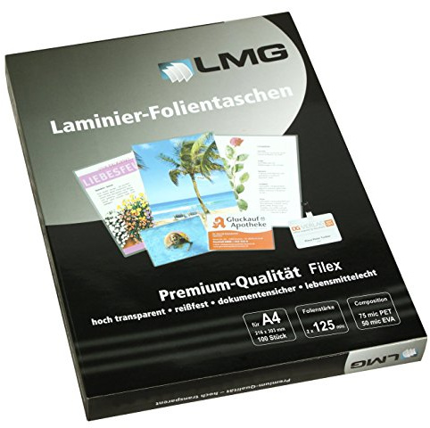 LMG LMGA4-125L Laminierfolien A4, 228 x 303 mm, 2 x 125 mic zum Abheftung mit 4er Fachlochung, 100 Stück
