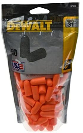 DEWALT DPG12 Disposable Foam Earplugs pack of 50 pairs. Soft slow‑recovery foam with SNR 32 dB rating, supplied in a resealable bag for workplace hearing protection.