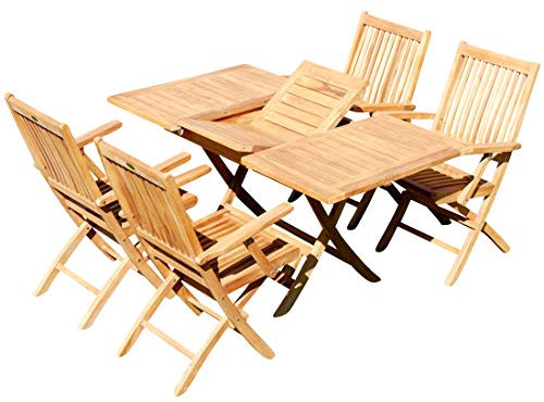 ASS Teak Set: Gartengarnitur Ausziehtisch 100-140 x 80 cm + 4 Klappsessel mit Armlehne Holz Serie JAV-Aves