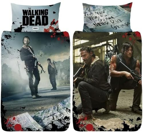 The Walking Dead New World Bettbezug für Einzelbett - Rick Grimes Daryl Dixon Design - wendbarer zweiseitiger Bettbezug mit passendem Kissenbezug