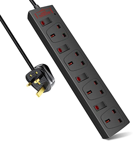 ExtraStar Extension Lead Surge Protection 4 Way Outlets, 13A Power Strip Wall Mounted with Individual Switches, Multi Socket Extension Cable UK Plug for Home and Office (2M, Black)