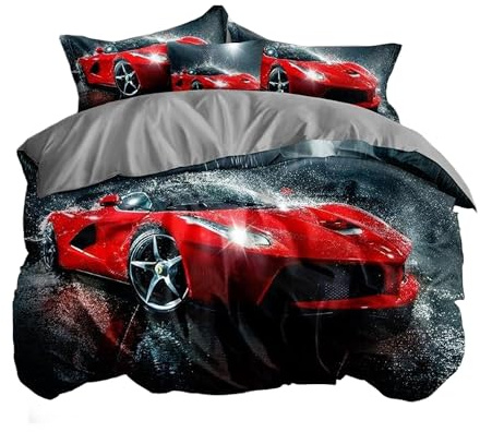 FEBE 3D Bettwäsche Sportwagen Bettbezug-Set 135x200 + Kissenbezug 80x80 cm Wendebettwäsche 2 Teilig mit Reißveschluss