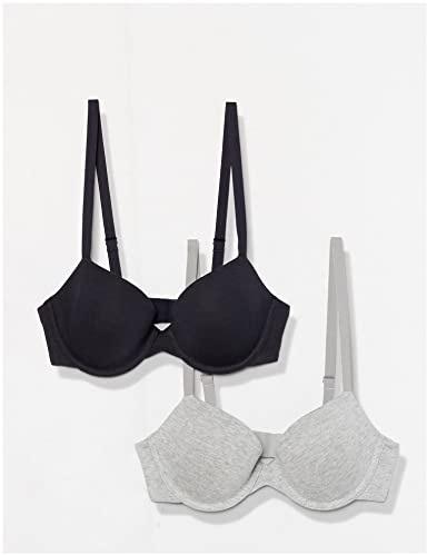 Amazon Essentials Reggiseno in Cotone Coppa Media Donna, Pacco da 2, Blu Marino/Grigio Puntinato, 4E