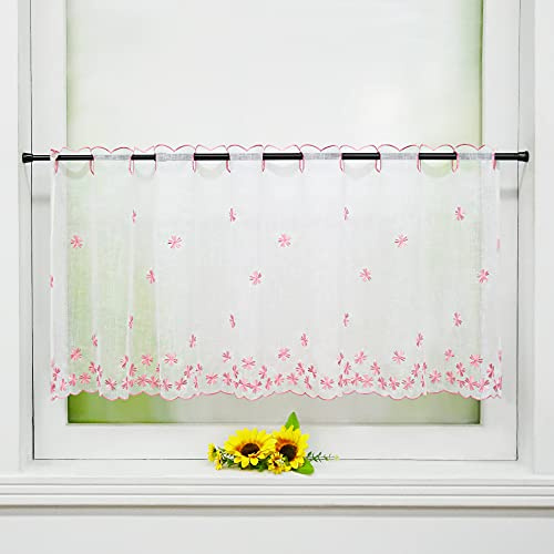 Delien Voile Scheibengardinen Kurzgardinen Stickerei Bistrogardine »Fallende Blumen« Transparente Kurzstores Durchstangenzug Kurzvorhang mit Blumenmuster für Küche 1 Stück BxH 120x60cm,Rosa