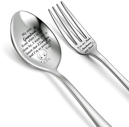 to Grandson Soup Dinner Fork and Spoon Set Inspirational Birthday Greeting Gift Engraved Coffee Spoons Ice Cream Dessert Cake Forks Graduation Back to School Appreciate Present Christmas Tablespoon
