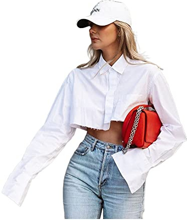 Women Cropped Button Down Shirts Loose Long Sleeve Turn Down Collar Aesthetic Blouse Tee Tops (A White Irregular Hem, S)