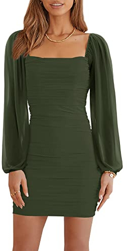 Wenrine Robe pour femme Cocktail de fête, club, Bodycon pour mariage, invitée, maille, manches longues, col carré, mini, coupe ajustée, Vert kaki, M