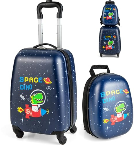 RELAX4LIFE Set Valigia Bambini 2 in 1 Dinosauro Spazio Blu Navy (Trolley16 + Zaino 12) con Ruote 360°, Maniglia Regolabile, Zaino con Piedini | ABS Resistente | Ideale per Viaggi e Scuola