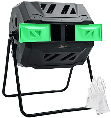 YITAHOME Large Outdoor Dual Bin Composter Tumbling, 43 Gallon Rotating Compost Bin with 2 Sliding Doors and Aeration System, Garden Compost Tumbler, BPA Free (2x21.5 Gallon,Green)