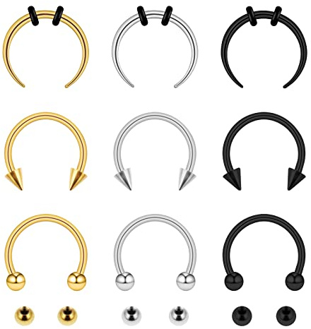 Yolev 9 Pièces Septum Piercing Nez Anneaux en Acier Inoxydable Bijoux pour Homme et Femme Boucles d'Oreilles en Fer à Cheval Anneau de Lèvre Argent Noir Or Bague d'Espacement Bijoux
