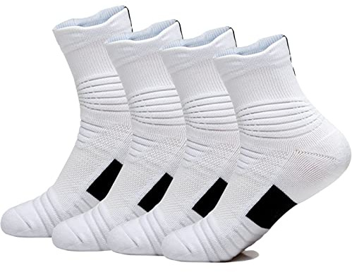 Yoknatt White Performance Ankle Athletic Youth Basketball Socks for Mens Womens Boys Crew Cushioned Sports Running Cycling Compression Sock 4 Pack