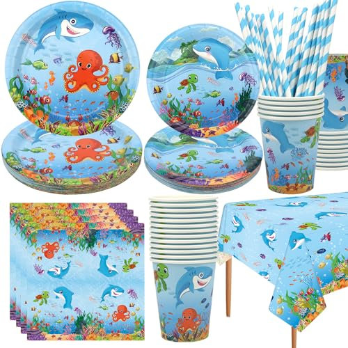 LSJDEER, Forniture per feste sotto il mare - Stoviglie per feste oceaniche - Piatti piani Piatti da dessert Tazze Tovaglie Cannucce per decorazioni di compleanno del mondo sottomarino, Serve 20