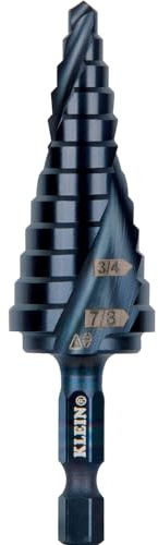 Klein Tools QRST14 Step Drill Bit, Quick Release, Spiral Double-Fluted, 3/16 to 7/8-Inch, Hex Shank, Cut Steel, Wood, Plastic, Aluminum