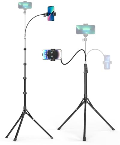 Aureday Phone Tripod, 92 Cell Phone Stand with 15 Gooseneck, Remote and Phone Holder, Overhead & Selfie Stick for Recording/Watching/Vlog, Compatible with iPhone Android