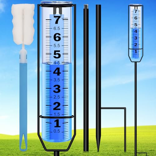RYOEIKT Pluviomètre amélioré - 17,8 cm - Anti-gel - Épais - Pour extérieur, grands chiffres clairs et hauteur réglable - Outil de mesure de pluie pour jardin, cour, pelouse, terrasse et ferme
