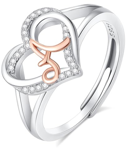 INFUSEU Anillo Iniciales, Plata de Ley 925 Anillos Abiertos Letras A Forma Corazón Nombre Inicial Alfabeto A-Z Joyería Personalizada Ajustable Regalos para Mujeres Damas Niñas