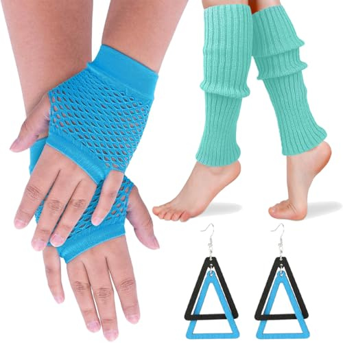 OPVYAEU Fischnetz Handschuhe,Elastische Neon Beinstulpen und Netzhandschuhe Set 80er Jahre Kostüm Zubehör, Mit 1 Paar Ohrringe