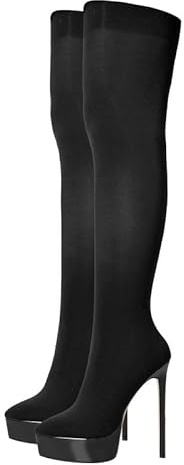 MissHeel Botas elásticas de plataforma por encima de la rodilla Tacón de aguja Media Botas largas Stiletto, Negro , 42 EU