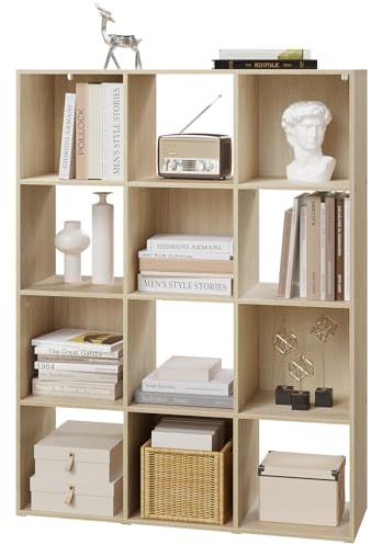 eSituro Libreria, Cubo, Scaffale Libreria con 12 Scomparti Aperti, per Soggiorno, Ufficio, Camera da Letto, Legno Ingegnerizzato, Rovere Chiaro, 91x29x120cm