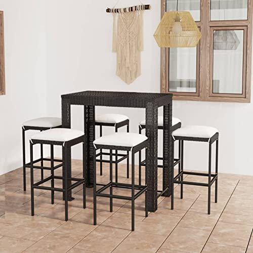 Brokky 7-TLG. Gartenbar-Set mit Kissen Bartisch Mit Barhocker Set Outdoor Stehtisch Garten Bartisch FüR Zu Hause Poly Rattan Schwarz 3064784