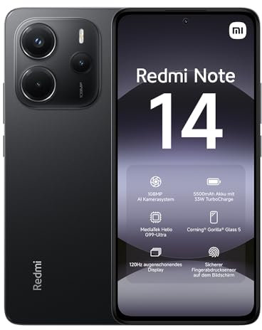 Xiaomi Redmi Note 14 smartphone, 8+256GB, black, 108MP AI camera system, 5500mAh battery, 120Hz eye-care display, AI features (no charger included), 2 year Warranty