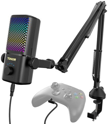 TONOR Mikrofon Kompatibel mit Xbox, Gaming Microphone mit Auslegerarm, Mute/GAIN/RGB Kontrolle/Überwachung, 30 Std. Akkulaufzeit Mikrofon für Streaming/Gaming, Kompatibel mit Capture Karten, TCX3+