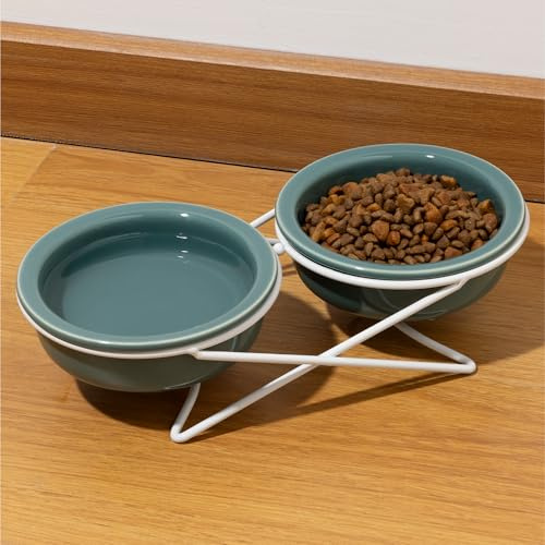 Navaris Ciotole per Gatti Rialzate in Ceramica - con Porta Ciotole in Metallo - 2x Ciotola Gatti Rialzata - Ciotole Gatto Rialzate da 230 ml - Ciotola Gatto per Lavastoviglie