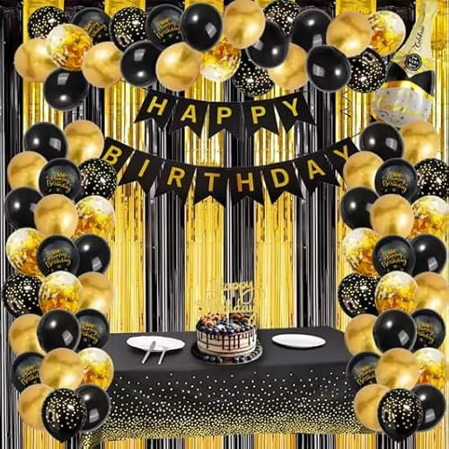 Schwarz Gold Geburtstagsfeier Deko-Set Happy Birthday Banner, Konfetti-Ballons, Happy Birthday Cake Topper,10g Gold Konfetti Tischdecke,2x 1x2meter Vorhänge (Schwarz Gold)
