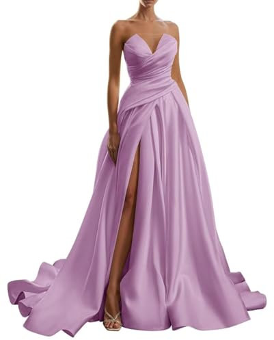 Vestidos de novia de satén sin tirantes para mujer con abertura, plisados, vestidos de noche formales para invitados de boda, talla grande, Lila, 36
