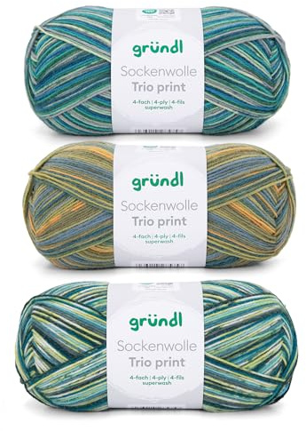 Gründl Wolle Sockenwolle Trio 3 Knäuel 100 g, grün aqua gelb | Strickgarn für 3 Paar Socken - Strapazierfähig und hautfreundlich - 75 % Schurwolle, 25 % Polyamid - 100 g / 420 m