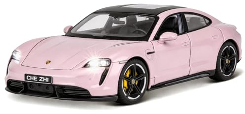 BGHSCA 1/32 Scale Porsche Taycan Diecast Car, Zinc Alloy Pull Back Toy Car with Sound & Light, Collectible Vehicle Model Gift for Kids 3+, Pink
