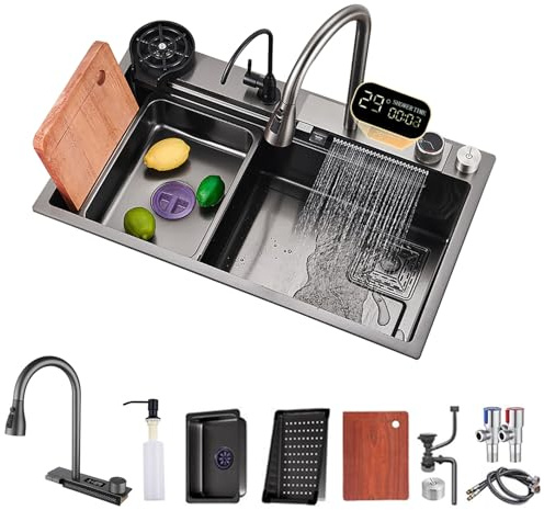FIVIXIL Arbeitsplatte Wasserfall-Küchenspüle, 80 * 46cm, ausziehbarer Wasserhahn mit digitaler LED-Temperaturanzeige, mit Tassenwaschmaschine, Schneidebrett, Seifenspender und anderem Zubehör